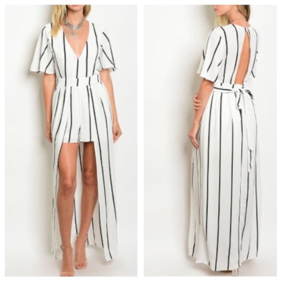 Luxxel Pants - White & Black Striped Maxi Romper